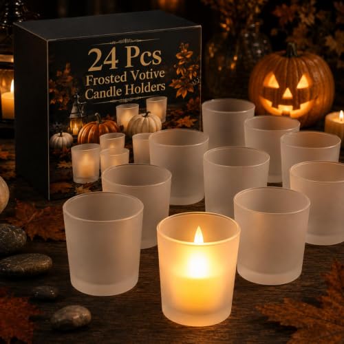 24 Pack Frosted White Glass Votive Candle Holders Bulk for Halloween Decor