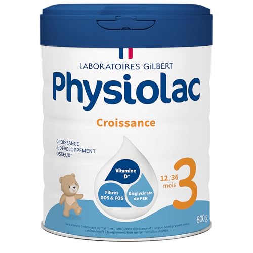 Physiolac – Lait Croissance 3 – Boîte 800G – Aliment Lacté En Poudre Pour Enfants de 1 à 3 Ans – Lait Français Avec DHA Fibres GOS FOS Fer Assimilable et Vitamine D