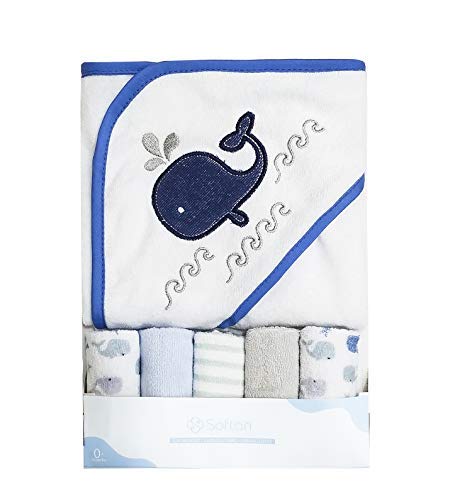 Image of saftan Baby Bath Hooded Towels Set with 5 Baby Washcloths, Super Soft and Absorbent Baby Towel and Face Cloths for Newborn, Baby Essentials for Newborn Boys and Girls, Whale