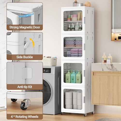 Image of BROVIEW 4-Tier Tall Narrow Storage Cabinet 14.6 inch Wide, Slim Bathroom Cabinets with Adjustable Shelves and Doors, Plastic Kitchen Pantry Organizers and Storages for Small Space, Laundry, White