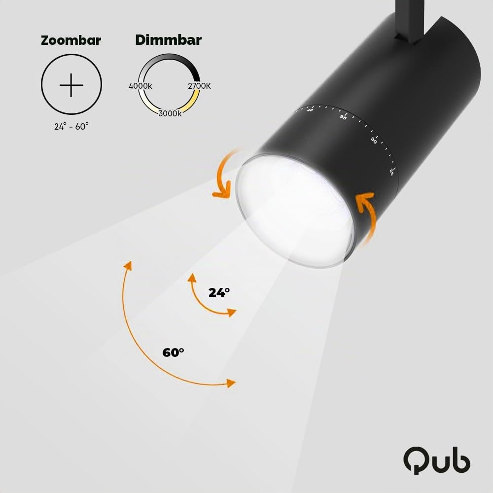 Qub Zoom LED Schienensystem – L-Form – 2 x 400cm – 8x Spots – 3-Phasen – Deckenstrahler Schwarz – Einstellbare Helligkeit 20W/25W/30W – Farbtemperatur 2700K/3000K/4000K (Warmweiß bis Tageslichtweiß)