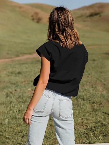 Tankaneo Women Short Cap Sleeve Tops Summer Casual Banded Sweatshirt Crew Neck Loose Fit T-Shirts3