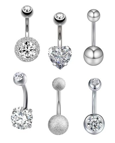 ZAMXHUG 14G navelpiercing - 6 stuks CZ goud navelpiercing chirurgisch staal zilver kristallen parel navel piercing sieraad barbell set, schacht navel piercing sieraden