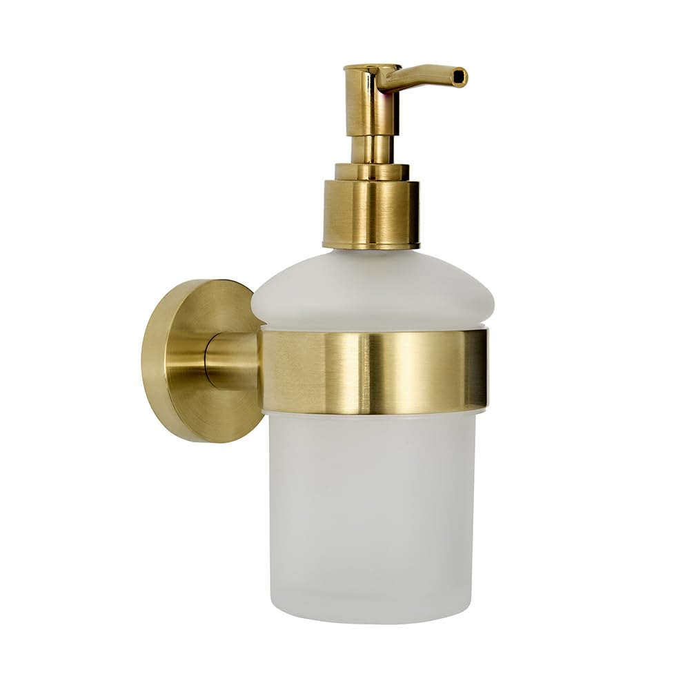 Milano Gold Ayanna Round Wall Mounted Bathroom Glass Soap Dispenser With Brushed Brass Holder