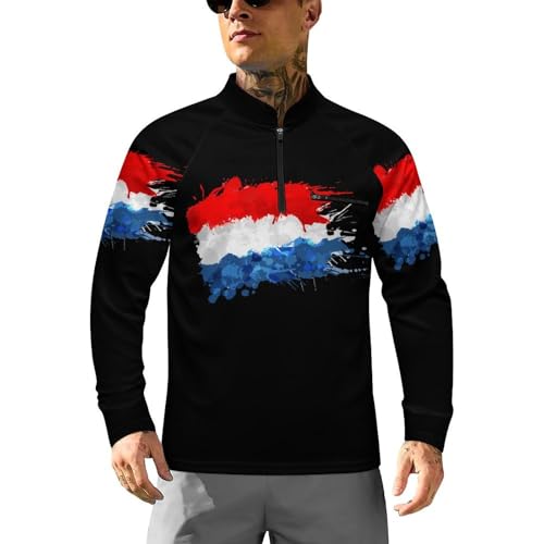 Flag of Netherlands Splashes Men's Rash Guard Long Sleeves Quick Dry Fishing Workout Shirts with Zipper