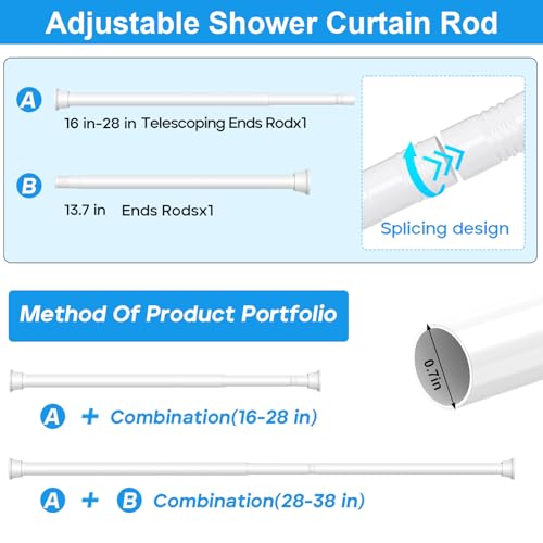 Image of MEXAU 1 Pack White Spring Tension Curtain Rods 16-37 Inch Small Shower Rod | Adjustable Tension Rods No Drilling for Window, Bathroom, Closet, 7 /8 inchSpring Tension Rods,Small Shower Curtain Rod,Iron