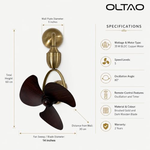Image of OLTAO Nova 14-Inch Designer Wall Premium Deluxe Fan with Wooden Blades - Silent Operation & Oscillation- Wall and ceiling attachment included (Antique brushed gold)
