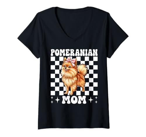 Womens Pomeranian Mom Dog Mama Mother's Day Coquette Bow Pink V-Neck T-Shirt