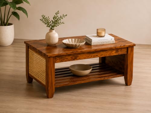 Image of Coffee Table for Living Room | Sheesham Wood Center Teapoy Table with Drawer Storage for Office and Hotels | Rattan Tea Table (Natural Finish)