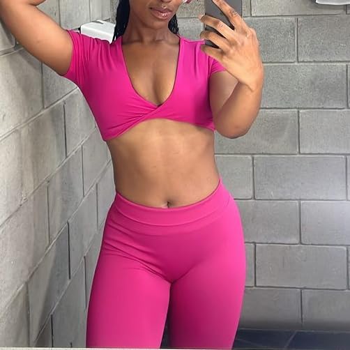 Image of Aoxjox Short Sleeve Crop Tops for Women Sienna Twist Deep V Workout Cropped T Shirt Top (Rose Red, Small)