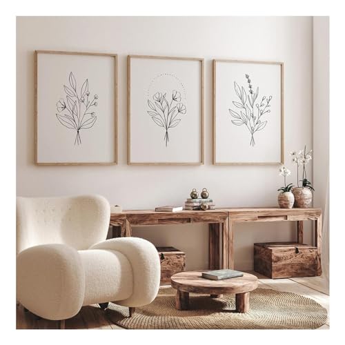 Affiches de ligne de fleurs botaniques beiges 60x80cm, lot de 3 peintures sur toile sans cadre