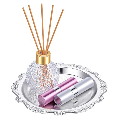 Aysatogc Plateau argenté de 19,8 cm - Plateau de service argenté vintage - Motif floral gravé - Plateau décoratif pour bijoux, mariage, cuisine, fête,...