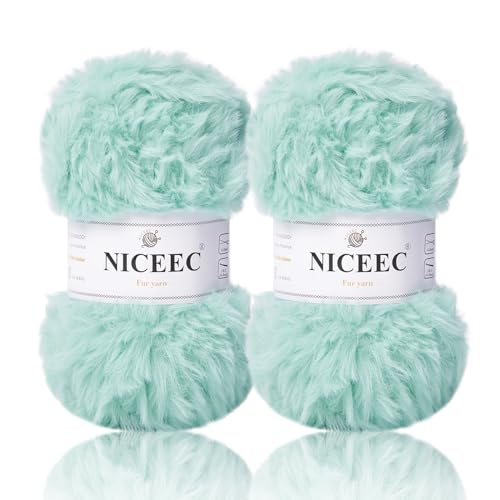 Image of NICEEC 2 Skeins Faux Fur Yarn Super Soft, Chunky & Fluffy, Eyelash Yarn for Crochet & Knitting (Total Length 70yds,3.53oz) - Cyan