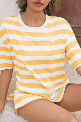 Image of Tankaneo Womens Oversized Tshirts Summer Casual Short Sleeve Crew Neck T Shirt Loose Fit Side Slit Tee Tops