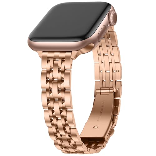 Image of Anlinser Metal Bands Compatible with Apple Watch Band for Women 49 /46 /45 /44 /42 /41 /40 /38mm, Thin Band Designed for iWatch Series 11 10 9 8 7 6 5 4-1 SE (42 /41 /40 /38mm, Rose Gold)
