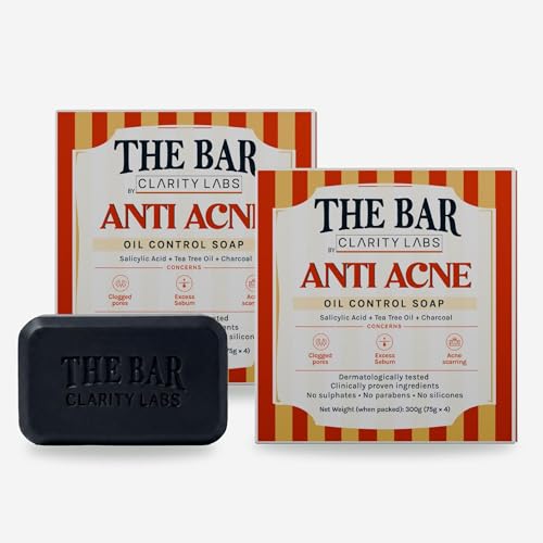 Image of ClarityLabs Oil Control Anti Acne Soap For Face & Body | Pack of 8 | With Salicylic Acid, Zinc PCA, Charcoal, Tea Tree Oil & Vitamin C | Reduces Dark Spots, Acne, Strawberry Skin & Body Acne | Regulates Sebum & Reduces imfllamation | For Women & Men | 8 Soaps Pack