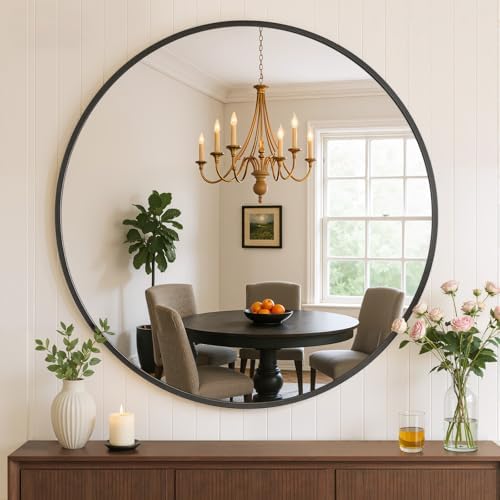 Bathroom Mirror for Wall, 24 Inch Round Mirror, Matte Black Metal...
