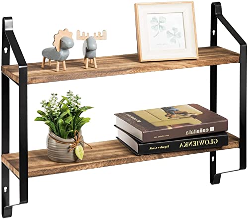 TANGZON Wood Floating Shelves, 2-Tier Wall-Mounted Display Rack, Modern Rustic Wall Storage...