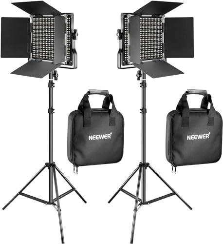 NEEWER NL660 2er Pack LED Videoleuchte mit Stativ, Bi Farbe | (2) 3200-5600K CRI96+ dimmbare Panel mit U Halterung, Barndoors und 75" Stativen für Studio/Video
