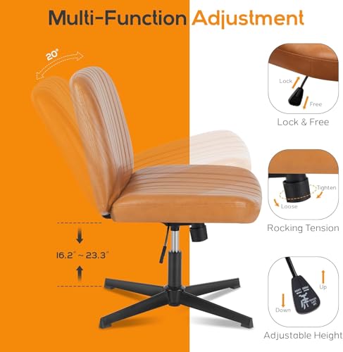 Image of DUMOS Criss Cross Chair No Wheel Legged Office Wide Comfy Desk Vanity Chair, Armless Computer Task Seating PU Leather, Swivel Home Height Adjustable for Bedroom, Study, Brown No Wheel