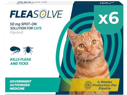 Cat Flea Treatment Spot On x 6 - Flea Treatment Cat Spot On for Cats & Kittens Over 1kg - 6 Pipettes 6 Doses - Fast-Acting FleaSolve Solution