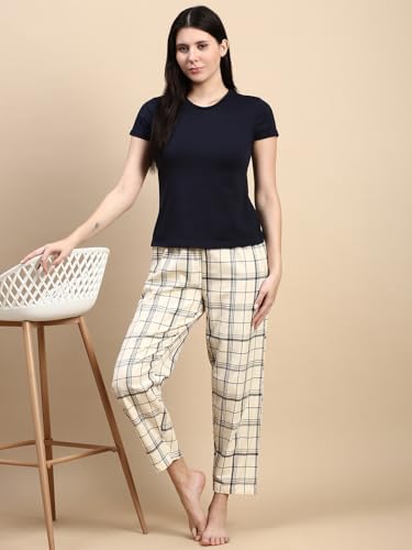 Image of KRYPTIC Women's 100% Pure Cotton Woven Pyjama | Mid Rise Relaxed Fit Full Length Nightwear Pant with Elasticated Drawstring Waistband & Side Pocket | Comfortable Lounge, Sleepwear & Casual Bottom Wear