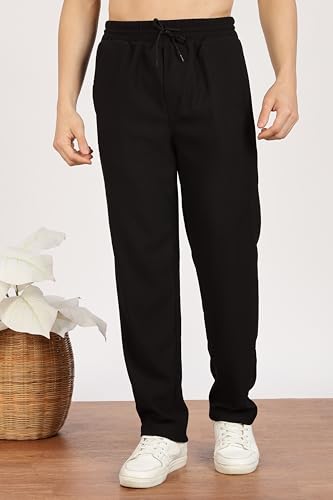Image of Men's Regular Fit Textured Trousers with Elastic Waistband & Drawstring Closure - Casual & Smart Everyday Pants