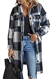 KIRUNDO Women's 2023 Fall Winter Long Flannel Plaid Shirts Jacket Casual Long Sleeve Boyfriend Button Down Shacket Coats(Black, Small)