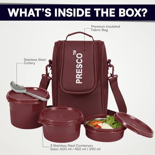 Image of PRESCO Insulated Lunch Box Set (3 Microwave Safe Inner Steel Containers,600 /450 /290ml; with Steel Spoon) with Insulated Fabric Bag, Lunch Box for Office Use, Leak Proof, Tiffin Box for Men