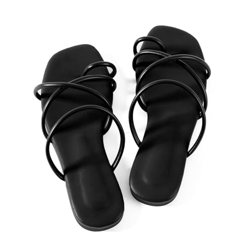 Image of Mtzyoa Women's Strappy Flat Sandals with Toe Ring | Lightweight Walking Slides | Summer Beach Wedding Shoes | Black | Casual Dressy Vacation
