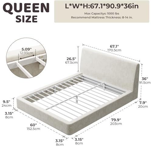 Image of RECCI AirFrame Queen Bed Frame with Ergonomic Angled Foam Cushioned Headboard, Minimalist Design Platform Bed Frame, No Box Spring Needed, Easy Assembly (Beige Chenille)