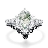 IRROYA Genuine Moissanite Bridal Sets,1.50 Carat Pear Cut Natural Moss Agate Wedding Sets,Milgrain Floral Half Eternity Engagement Ring, Sterling Silver Platinum, moss agate