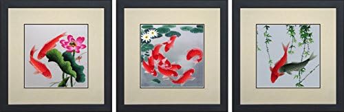 King Silk Art 100% Handmade Embroidery Mixed Group Feng Shui Orange & Black or Red Japanese Koi & Lotus Water Lilies Chinese Wildlife Fish Painting Anniversary Wedding Birthday Party Gifts Oriental