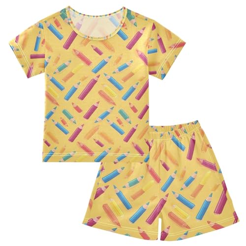 ALAZA Colorful Pencils Yellow Pajamas Set Short Sleeve Cotton Sleepwear Summer Pjs 2 Piece 5-14Y
