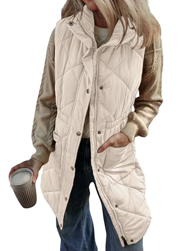Athlisan Womens Long Puffer Vest Sleeveless Zip Up Stand Collar Padded Gilet Coat with Pockets(Apricot-M)