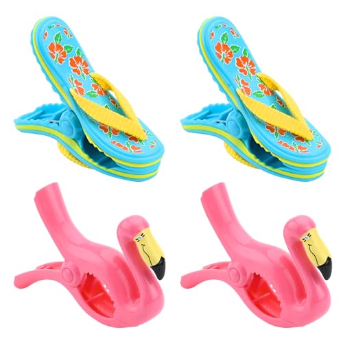 Beach Towel Clips, 4 Pieces Large Laundry Clothes Pegs Multicolor Flamingo Slipper Beach Towel Clips for Holiday Sunbeds Sun Loungers Pool Beach Chairs Home Patio Boat Supplies (B)