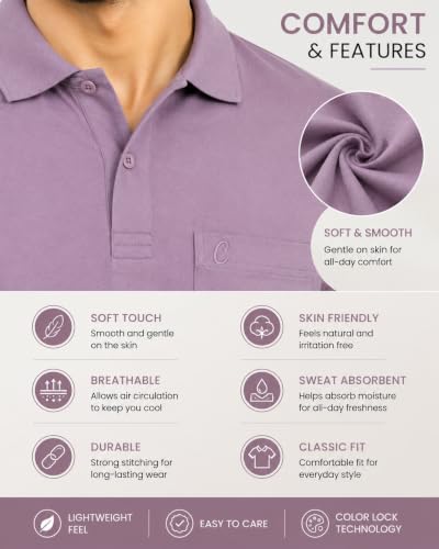 Image of CAMEY Men's Plain Solid Long Sleeve Polo T-Shirt | Regular Fit | Collared Casual Cotton Blend Tee with Chest Pocket | Everyday Comfort Wear