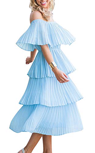 Etcyy Women's Off The Shoulder Summer Chiffon Tiered Ruffle Pleated Casual Midi Dress Blue #TOP1