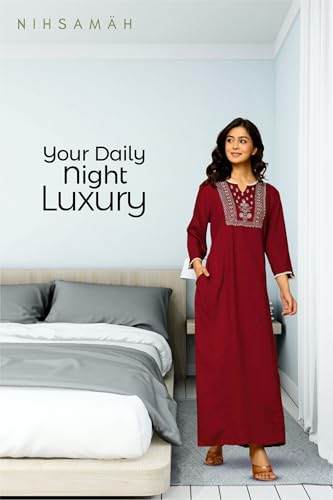 Image of NIHSAMAH Viscose Nighty for Women, Embroidered & Printed Stylish Night Gown, Long Sleeve Comfortable Sleepwear Long Nightwear, Maxi