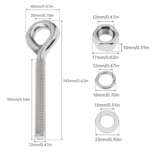 Image of 2Pcs M12 Eye Bolt with Nut and Washers, 1 /2 inch x 3.5 inch Long Shank Threaded Rod Round Hook Eyelet Bolt Screw, 5.6 inch Total Length Shoulder Lifting Ring Threaded Eyebolts