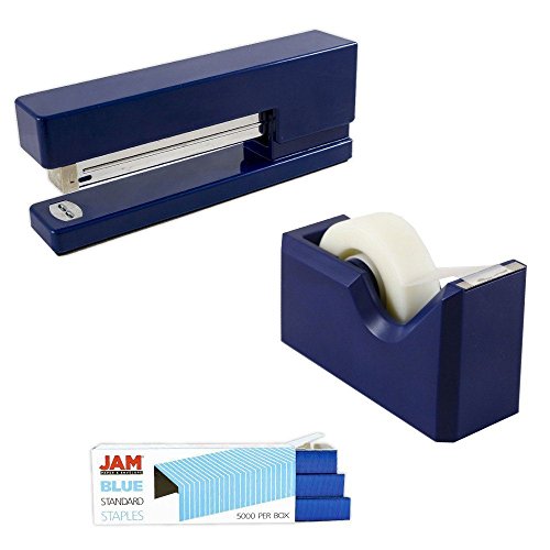 JAM PAPER Office & Desk Sets - 1 Tape Dispenser, 1 Stapler, 1 Pack of Staples - Navy Blue and Blue - 3/Pack