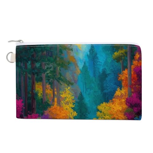 Jubonexis Cartera de lona, colorido bosque con estampado de río, monedero con cremallera, pequeña bolsa de cosméticos