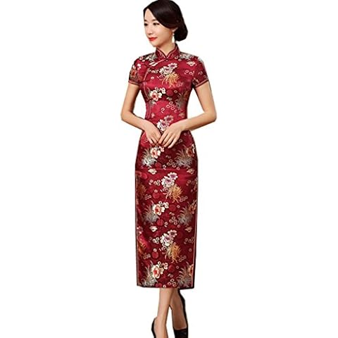 Shanghai Story Chinese Dress Long Cheongsam Satin Qipao for Women 2 Wine Red Cover
