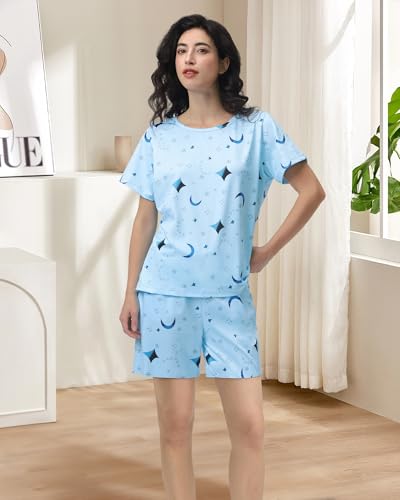 XPUDAC 4 Pack Women's Pajama Sets Loungewear Short Sleeve Tee and Shorts Soft Comfy Sleepwear Pjs Set4