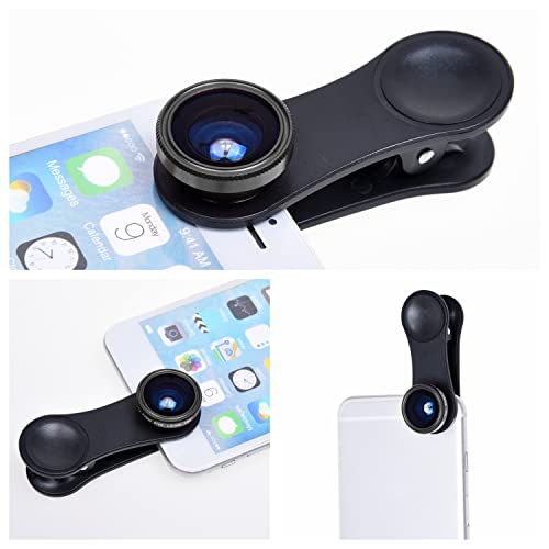 Universal 3 In 1 Cell Phone Camera Lens Kit For Smartphones Including - Fish Eye Lens / 2 In 1 Macro Lens & Wide Angle Lens/Universal Clip/Carry Pouch/Microfiber Cleaning Cloth #TOP5