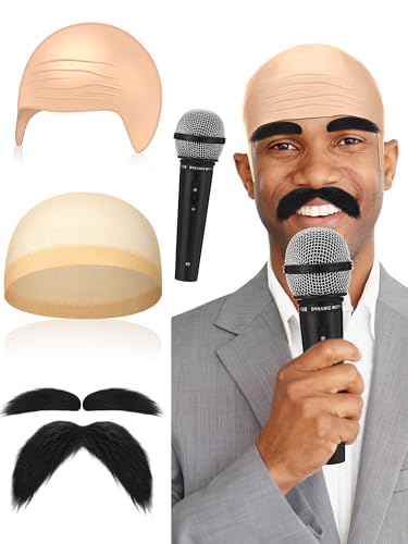 Wavwavw 5 Pieces Halloween Costume Include Brown Bald Cap Microphone Mustache Eyebrows for Men Women Adults (Flesh Color Regular)