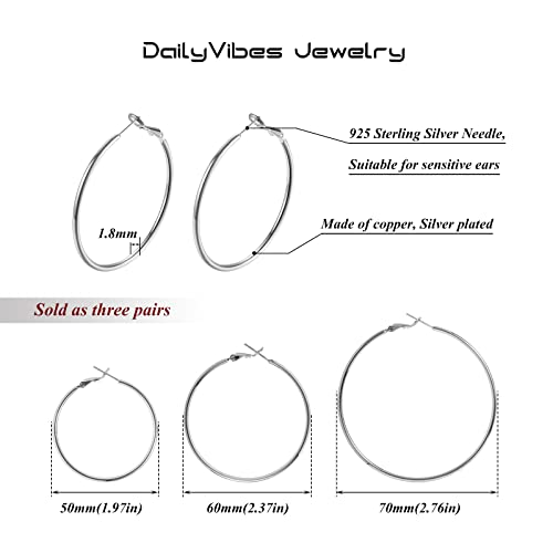 Image of DAILY VIBES Simple Big Thin Hoop Earrings for Women Trendy, 3 Pairs | 925 Sterling Silver Post Large Hoops, 14K Gold or Silver Plated Loop, Hypoallergenic Hoop Earrings Set