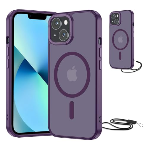 NEW'C Magnétique Coque pour iPhone 14, iPhone 13 (6,1 Pouces), Compatible avec MagSafe Antichoc Ultime avec Cordon – Magnétisme Puissant et Protection Militaire -Etui Translucide Mat - Violet