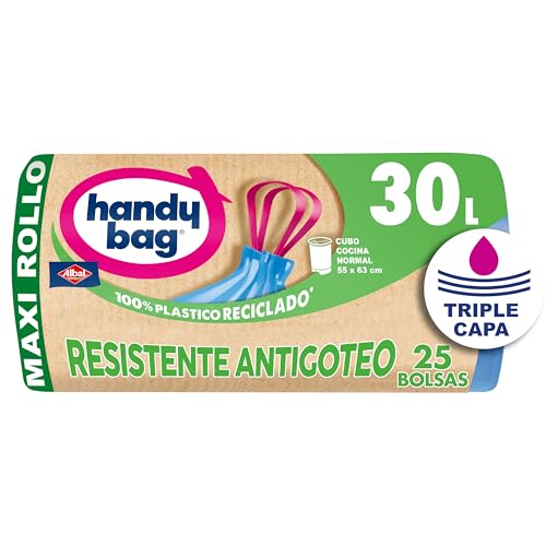 Handy Bag Bolsas de Basura Resistente Antigoteo, 100% Reciclado, Autocierre, 30L, 25 Bolsas, 1 Paquete