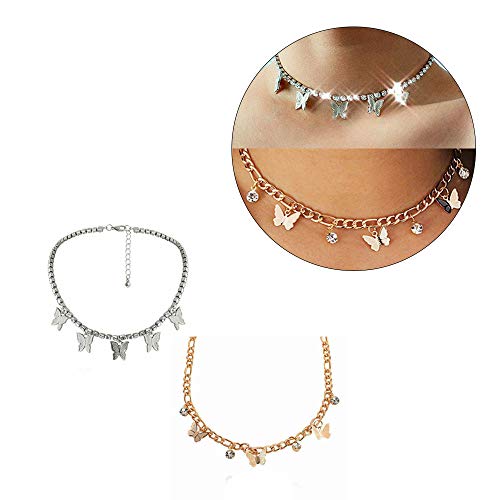 Wixine 2Pcs Fashion Silver Crystal Rhinestone Butterfly Pendant Necklace & Crystal Drop Gold Butterfly Choker Pendant Necklace Clavicle Chain